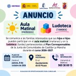 AULA MATINAL (MAÑANAS) Y LUDOTECA (TARDES). INSCRIPCIONES ABIERTAS HASTA EL 08/10/2026