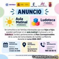 AULA MATINAL (MAÑANAS) Y LUDOTECA (TARDES). INSCRIPCIONES ABIERTAS HASTA EL 08/10/2026
